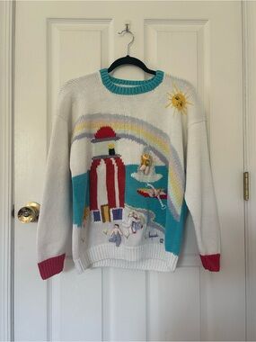 Vintage 3D Knit Sweater Beach Scene Lighthouse Rainbow Novelty Pullover